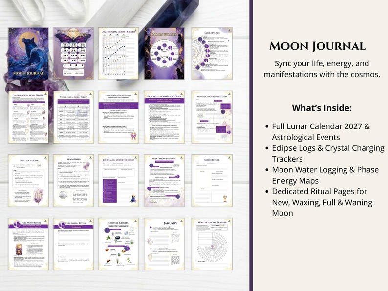 May include: A Moon Journal planner set featuring twenty individual pages with purple and gold accents. The pages include a 2027 lunar calendar, eclipse logs, crystal charging trackers, moon water logging, phase energy maps, and ritual pages.