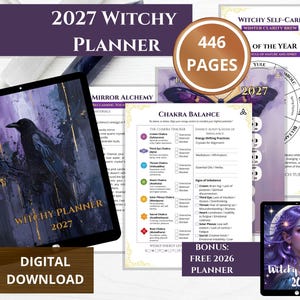 Könnte beinhalten: Ein digitaler 2027 Hexen-Planer mit 446 Seiten, inklusive Raben-Cover, Chakra-Balance-Tracking-Seiten und einem Bonus 2026 Hexen-Planer. Der Planer enthält Abschnitte für Selbstpflege-Rezepte, Spiegel-Alchemie und jahreszeitliche Zyklen.