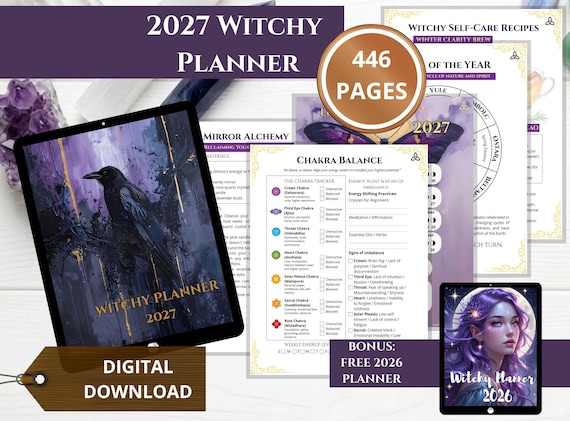 Witch Planner 2027 - 446-Page Grimoire Planner with Moon, Tarot, Runes, Spells and Sabbats, Hyperlinked PDF