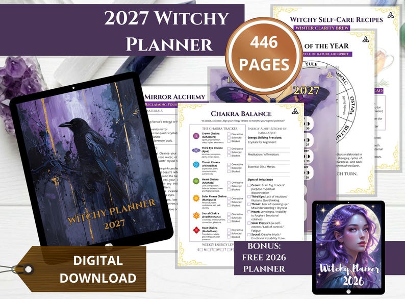May include: A 2027 digital witchy planner with 446 pages, featuring a raven cover design, chakra balance tracking sheets, and a bonus 2026 witchy planner. The planner includes sections for self-care recipes, mirror alchemy, and seasonal cycles.