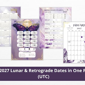 May include: A set of 2027 calendar pages featuring a purple and gold aesthetic. The collection includes a yearly overview, a lunar calendar with a butterfly illustration, a retrograde planets chart, and a January monthly page with zodiac signs.