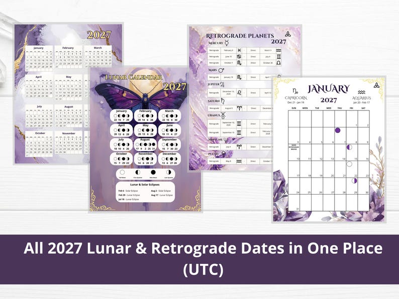 May include: A set of 2027 calendar pages featuring a purple and gold aesthetic. The collection includes a yearly overview, a lunar calendar with a butterfly illustration, a retrograde planets chart, and a January monthly page with zodiac signs.