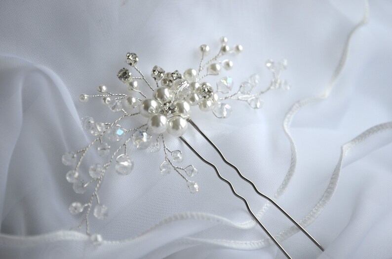 Pearl Silver Bridal hair pin Wedding Crystal Floral hair pins Etsy