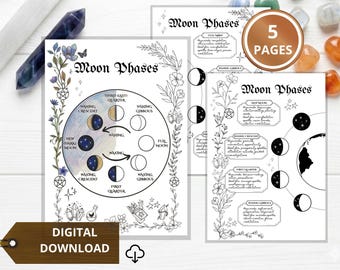 Mondphasen Grimoire ausmalen, Mondzyklus für das Buch der Schatten, druckbare PDF-Datei