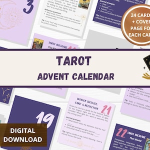 Könnte beinhalten: Ein Tarot-Adventskalender mit 24 Karten und einem Deckblatt. Die Karten sind lila und weiß mit goldenen Akzenten. Das Bild enthält den Text "Tarot Advent Calendar" und "Digital Download".