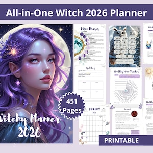 Puede incluir: Un planificador digital titulado "All-in-One Witch 2026 Planner" con 451 páginas. La portada presenta a una mujer con cabello morado y un fondo de luna. Incluye secciones para las fases lunares, registros de hechizos y rastreadores mensuales. La palabra "PRINTABLE" también es visible.