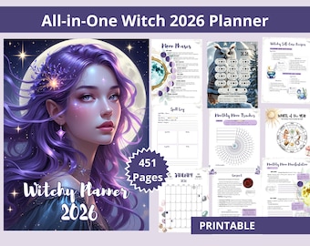 May include: A digital planner titled "All-in-One Witch 2026 Planner" with 451 pages. The cover features a woman with purple hair and a moon backdrop. Includes sections for moon phases, spell logs, and monthly trackers. The word "PRINTABLE" is also visible.
