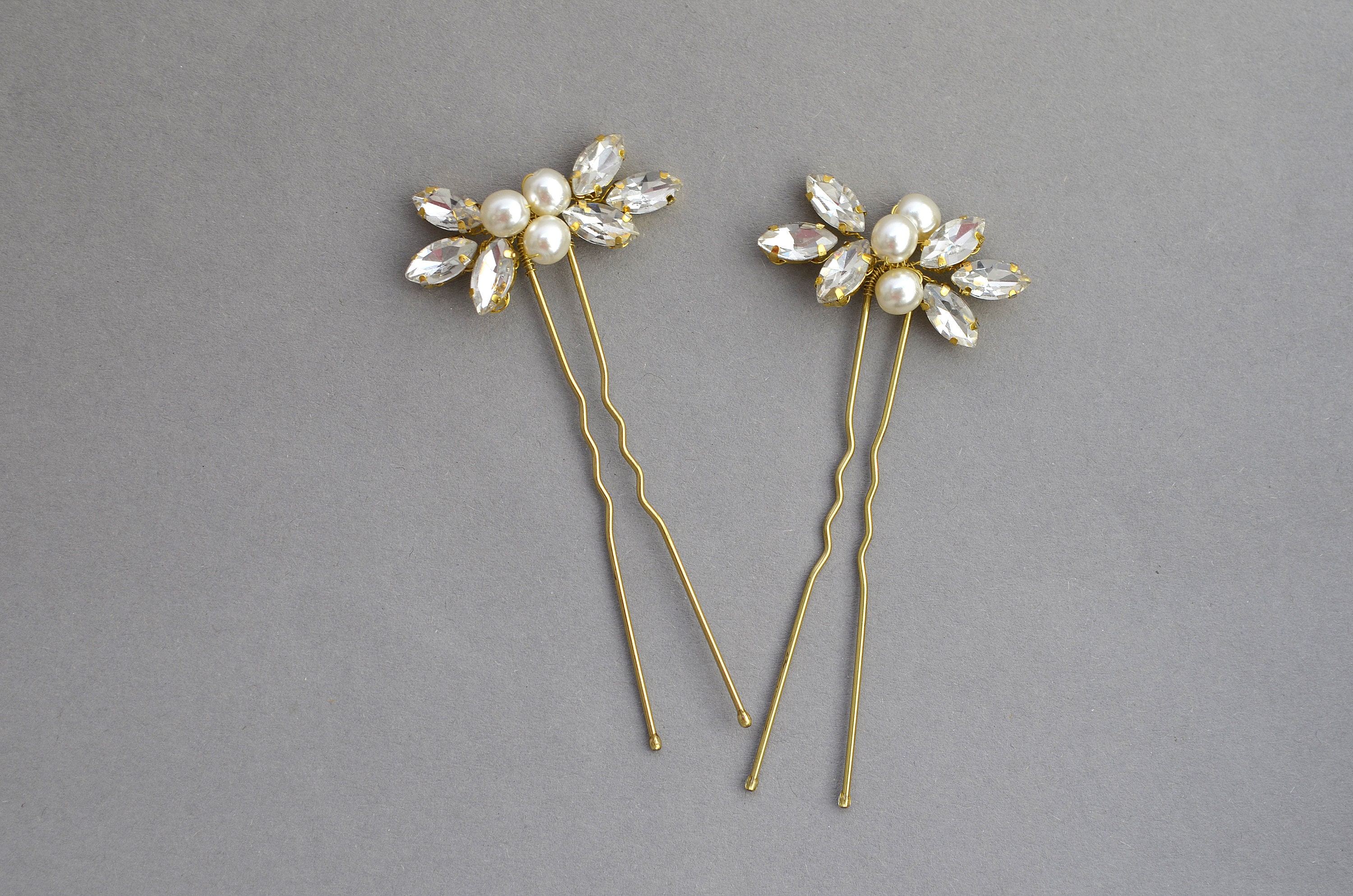 Pearls crystals bridesmaid gold rhinestone hair pins for | Etsy