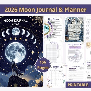 Könnte beinhalten: Ein Mondjournal & Planer 2026 mit 156 Seiten. Das Cover zeigt einen Wolf, der den Vollmond anheult, umgeben von Sternen. Innenseiten enthalten Mondphasen-Tracker, Jahresziele und einen Kalender. Das Wort "PRINTABLE" ist ebenfalls sichtbar.