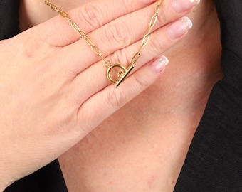Gold Link Chain Layering Necklace, 18K Gold Plated, Stainless Steel, T-Bar Fastening, Water-resistant, Hypoallergenic, Dainty 44cm Jewellery