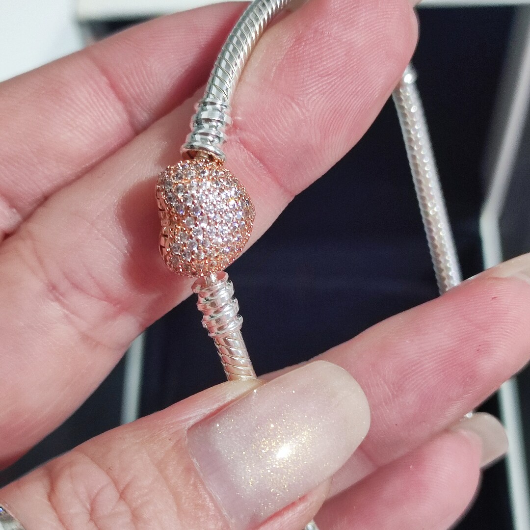 Authentic Pandora Moments Snake Chain Bracelet With Pave Heart Rose Gold Clasp, 19cm, Pandora