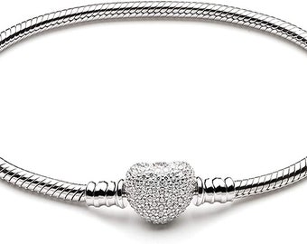 Bracelet chaîne serpent Athenaie en argent massif pavé coeur 19 cm, cadeau Saint-Valentin, cadeau femme petite amie maman, argent sterling 925, bijoux