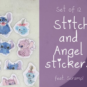 Ensemble de 12 autocollants Stitch et Angel ~ Ft. Scrump ~ Cadeaux ~ Journal ~ Scrapbooking ~ Nature ~ Collection