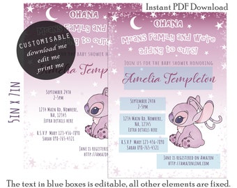 May include: A baby shower invitation with a purple and white color scheme. The design includes the text "Ohana Means Family and We're adding to ours!" and a cartoon character. The invitation is 5 x 7 inches.