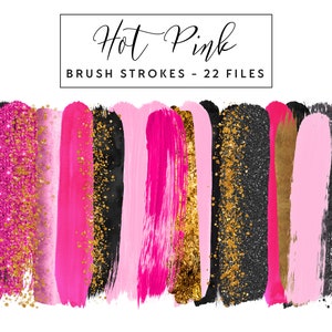Hot Pink & Gold Brush Strokes Clip Art, Gold Brush Strokes Clipart Paint Strokes, Commercial Use Instant Download Pink Glitter Brush Strokes