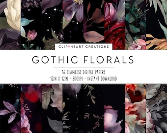 Gothic Florals Watercolor Flowers Digital Papers, Seamless Commercial Use Instant Download Dark Flowers Digital Scrapbooking Papers