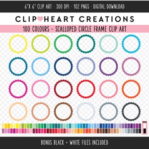 100 Scalloped Circle Frame Clip Art, Commercial Use Instant Download PNG Scalloped Circle Digital Clip Art, Rainbow Circle Planner Clipart