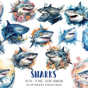Cool Sharks Watercolor Clipart Set, Commercial Use Instant Download PNG Watercolour Digital Clip Art, Sharks Watercolour Pack