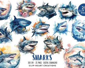 Cool Sharks Watercolor Clipart Set, Commercial Use Instant Download PNG Watercolour Digital Clip Art, Sharks Watercolour Pack