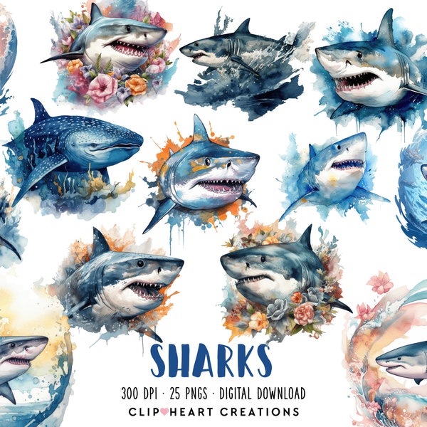 Cool Sharks Watercolor Clipart Set, Commercial Use Instant Download PNG Watercolour Digital Clip Art, Sharks Watercolour Pack