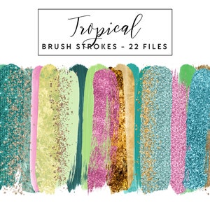 Tropische penseelstreken illustraties, roze & groene penseelstreken clipart verfstreken, commercieel gebruik Instant Download glitter penseelstreken