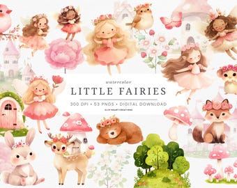 Op de afbeelding: Waterverfillustratie van "Little Fairies" met feeën, dieren en feeënhuizen in zachte roze, groene en bruine tinten. Bevat een vogel, konijn, hert, vos, beer en paddenstoelen. Digitale download.