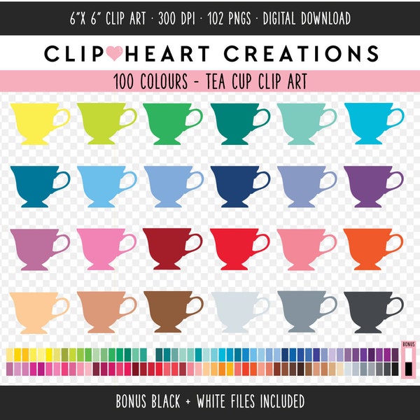 100 Tea Cup Clip Art, Commercial Use Instant Download PNG Tea Cup Digital Clip Art, Rainbow Tea Cup Planner Digital Clipart