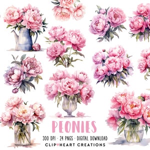 Peonies Watercolor Clipart Set, Commercial Use Instant Download PNG Watercolour Digital Clip Art, Peony Floral Watercolour Pack