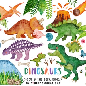 Dinozaury Akwarela Clip Art, Komercyjne Wykorzystanie Natychmiastowe Pobieranie PNG Akwarela Cyfrowa Clip Art, Jurajski Dinozaur Akwarela Pakiet