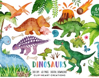 Dinosaurs Watercolor Clip Art, Commercial Use Instant Download PNG Watercolour Digital Clip Art, Jurassic Dinosaur Watercolour Pack