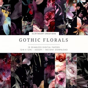 Papiers numériques de fleurs gothiques, aquarelle de fleurs, utilisation commerciale sans couture, papiers de scrapbooking numériques fleurs sombres, téléchargement immédiat