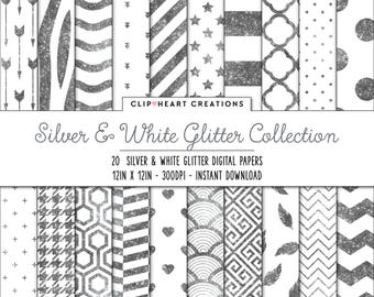 20 Silver Glitter Pattern Digital Papers, Commercial Use Instant Download Silver + White Glitter Digital Paper, Glitter Planner Paper Pack