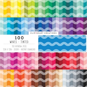 Könnte beinhalten: Ein digitaler Download von 100 digitalen Papierdesigns im Format 30,5 cm x 30,5 cm mit einem weißen Wellenmuster auf einem Regenbogen aus Farben. Der Text "100 Waves - Tinted" und "100 Rainbow JPEGS" ist im Bild enthalten.
