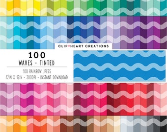 100 Waves Pattern Digital Papers, Commercial Use Seamless Wave Pattern Digital Paper Pack, Rainbow Waves Planner Scrapbooking Papers