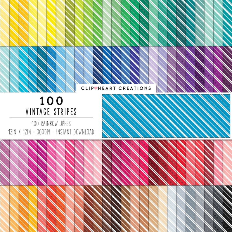 Puede incluir: Un conjunto de 100 patrones de papel digital con rayas vintage en un arco&iacute;ris de colores. Cada patr&oacute;n mide 30,48 cm por 30,48 cm y 300 DPI. El texto "CLIP HEART CREATIONS" y "100 VINTAGE STRIPES" es visible en la imagen.