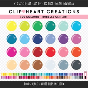 May include: A set of 100 colorful bubble clip art images. The bubbles are arranged in rows of 8, with each row featuring a different color. The colors include yellow, green, blue, purple, pink, red, orange, brown, and gray. The image also includes a bonus black and white file.