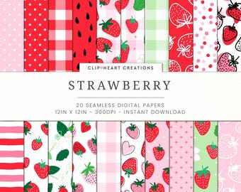 20 Strawberry Themed Digital Papers, Seamless Commercial Use Instant Download Strawberries Themed Digital Paper,  Strawberry Digital Papers