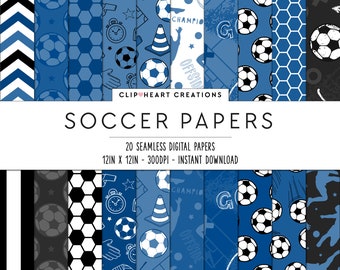 20 Soccer Themed Digital Papers, Seamless Commercial Use Instant Download Blue Football Themed Digital Paper, Sports Digital Papers