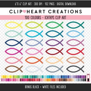 Puede incluir: 100 variaciones de color de un dibujo de línea simple de un símbolo Ichthys, un pez que representa a Jesucristo. Los peces están dispuestos en filas de cuatro, cada fila con un color diferente. Los colores incluyen amarillo, verde, azul, morado, rosa, rojo, naranja, marrón y gris. La imagen también incluye una paleta de colores de todos los colores utilizados en el diseño.