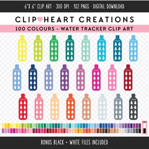 Könnte beinhalten: 100 bunte Clipart-Bilder von Wasserflaschen-Trackern. Jedes Bild zeigt eine Wasserflasche mit weißem Umriss und 8 weißen Wassertropfen. Die Flaschen sind in verschiedenen Farben, darunter Rot, Orange, Gelb, Grün, Blau, Lila, Rosa und Braun.