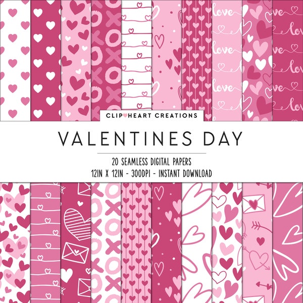 20 Valentines Themed Digital Papers, Seamless Commercial Use Instant Download Valentines Themed Digital Paper, Pink Valentines Day