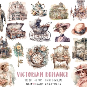 Victorian Romance Watercolor Clipart Collection, Commercial Use Instant Download PNG Watercolour Digital Clip Art, Vintage Watercolour Pack