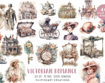 Victorian Romance Watercolor Clipart Collection, Commercial Use Instant Download PNG Watercolour Digital Clip Art, Vintage Watercolour Pack