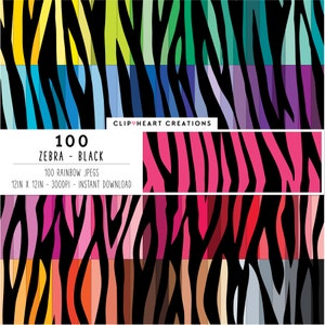 Può includere: Un set di 100 design di carta digitale con strisce di zebra in un arcobaleno di colori. I fogli sono 30,48 cm per 30,48 cm e 300 DPI.  "100 Zebra - Black" e "100 Rainbow JPEGS" sono scritti in bianco su sfondo nero.