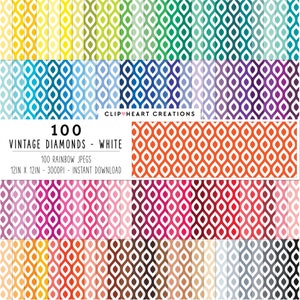 100 Vintage White Diamonds Pattern Digital Paper, Commercial Use Instant Download Seamless Diamonds Planner Paper, Rainbow Digital Papers