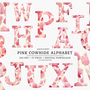 Pink Cowhide Alphabet Clip Art, uso comercial Descarga instantánea acuarela rosa vaquero digital alfabeto clipart, acuarela alfabeto clipart