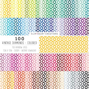 100 Vintage Diamonds Pattern Digital Paper Pack, Commercial Use Instant Download Seamless Rainbow Diamond Pattern Digital Papers