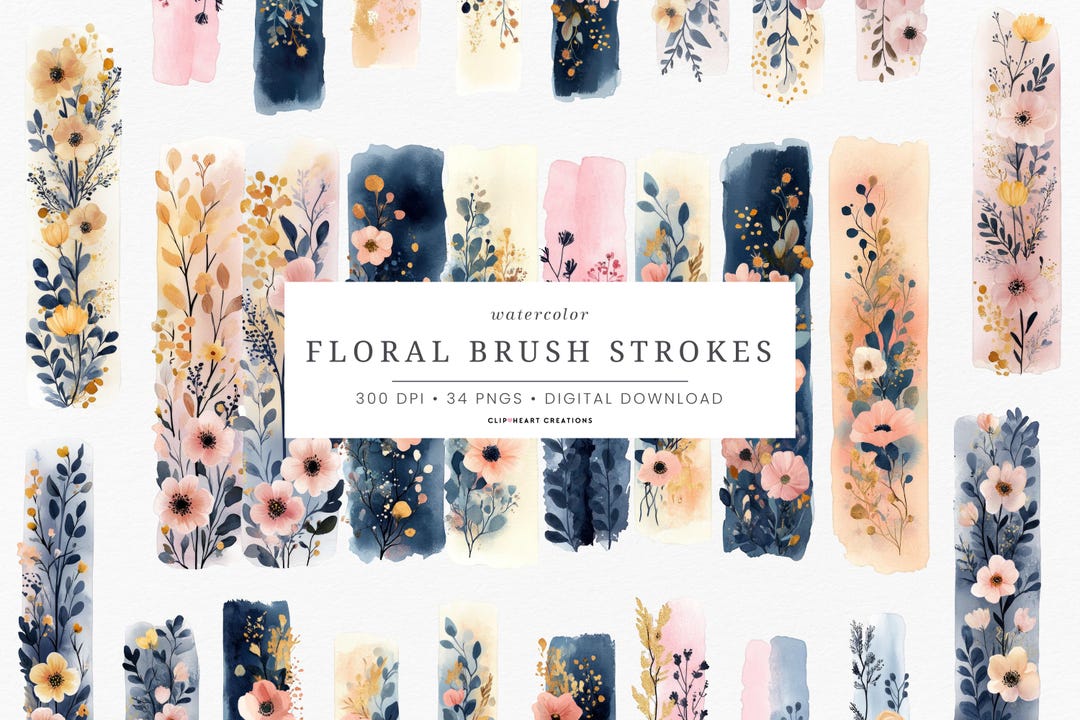 Navy & Blush Floral PNG Clipart: Watercolor Brush Strokes (digital ...