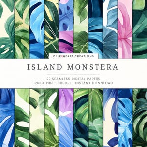 Pacchetto di carta digitale senza soluzione di continuità Island Monstera - Carta digitale senza soluzione di continuità per uso commerciale, download immediato, album con motivi tropicali, 12 pollici