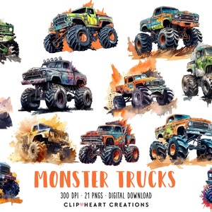 Ensemble de cliparts aquarelle Monster Truck, utilisation commerciale Téléchargement instantané PNG aquarelle numérique, Pack aquarelle Monster Trucks